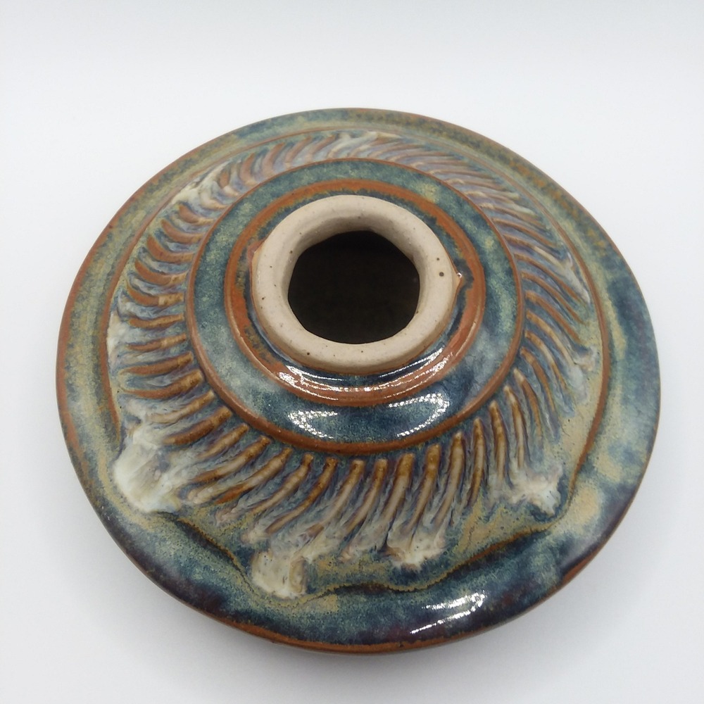 Vintage Studio Bay‎ Pottery Glazed Squat Vase Rustic Blue Brown Glaze Signed